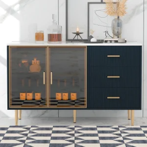 JIMSMAISON The amber-yellow glass doors and marble sticker tabletop are elegant and understated, and the gold metal legs reflect the texture, the design of this cabinet combines the features of modern simplicity and light luxury T726919038
