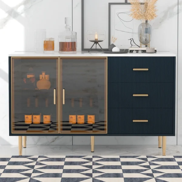 JIMSMAISON The amber-yellow glass doors and marble sticker tabletop are elegant and understated, and the gold metal legs reflect the texture, the design of this cabinet combines the features of modern simplicity and light luxury T726919038