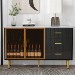 JIMSMAISON The amber-yellow glass doors and marble sticker tabletop are elegant and understated, and the gold metal legs reflect the texture, the design of this cabinet combines the features of modern simplicity and light luxury T726919046