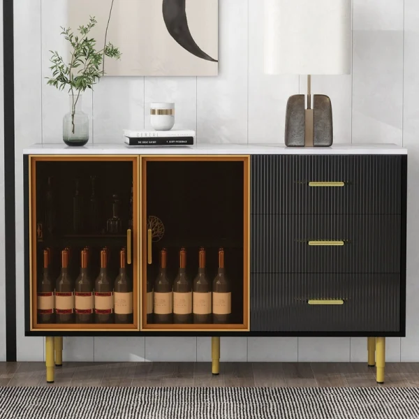 JIMSMAISON The amber-yellow glass doors and marble sticker tabletop are elegant and understated, and the gold metal legs reflect the texture, the design of this cabinet combines the features of modern simplicity and light luxury T726919046
