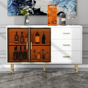 JIMSMAISON The amber-yellow glass doors and marble sticker tabletop are elegant and understated, and the gold metal legs reflect the texture, the design of this cabinet combines the features of modern simplicity and light luxury T726919045