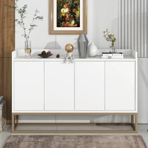 JIMSMAISON This sideboard buffet cabinet features a white cabinet body with gold metal legs, compact look is very suitable for small spaces