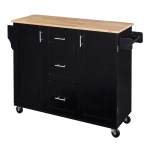 Kahomvis Black Mdf Base with Wood Top Rolling Kitchen Island (17-in x 50-in x 36.9-in)