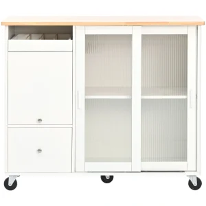 Kahomvis White Mdf Base with Wood Top Rolling Kitchen Island (18-in x 44-in x 37-in)