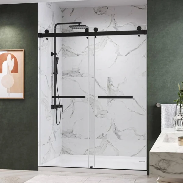 Kobiworks Catalyst 60 in. W x 79 in. H Double Sliding Frameless Shower Door in Matte Black with 3/8 in. Clear Glass