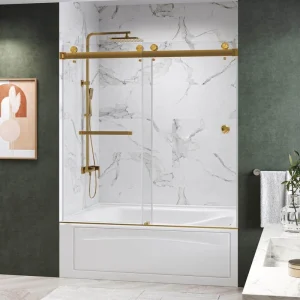Kobiworks Catalyst FP 60 in. W x 66 in. H Double Sliding Frameless Shower Door in Brushed Gold with 3/8 in. Clear Glass