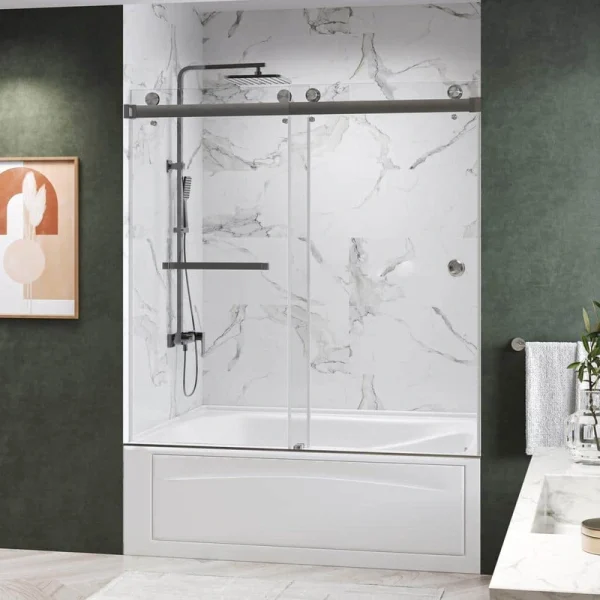 Kobiworks Catalyst FP 60 in. W x 66 in. H Double Sliding Frameless Shower Door in Brushed Nickel with 3/8 in. Clear Glass