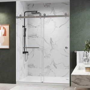 Kobiworks CatalystFP 54 in. W x 76 in. H Double Sliding Frameless Shower Door in Brushed Nickel with 3/8 in. Clear Glass