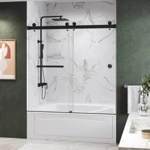 Kobiworks CatalystFP 60 in. W x 66 in. H Double Sliding Frameless Shower Door in Matte Black with 3/8 in. Clear Glass