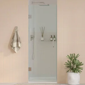 Kobiworks Nirvana 28.75 in. – 27.875 in. W x 76 in. H Frameless Hinged Shower Door in Chrome with 3/8 in. Clear Glass (10 mm)