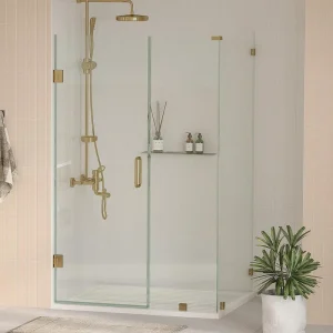 Kobiworks Nirvana 34 in. W x 42 in. L x 76 in. H Pivot Frameless Corner Shower Enclosure in Brushed Gold with 3/8 in. Clear Glass