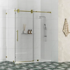 Kobiworks Radiance 48 in. W x 35 in. D x 76 in. H Sliding Frameless Corner Shower Enclosure in Brushed Gold with Clear Glass