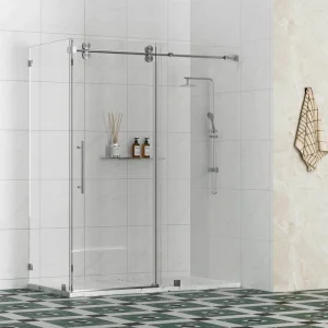 Kobiworks Radiance 66 in. W x 35 in. D x 76 in. H Sliding Frameless Corner Shower Enclosure in Brushed Nickel with Clear Glass