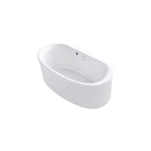 KOHLER 60 in. x 34 in. Acrylic Flatbottom Oval Freestanding Bathtub with Bask Heated Surface and Straight Shroud in White