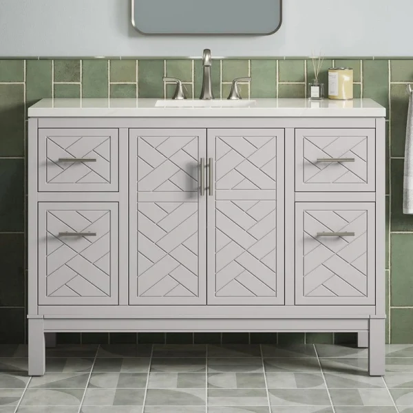 KOHLER Accra 48in. Single Sink Freestanding Atmos Grey Bath Vanity with Bianco Bella Quartz Top Assembled