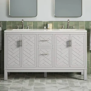 KOHLER Accra 60in. Double Sink Freestanding Atmos Grey Bath Vanity with Bianco Bella Quartz Top Assembled