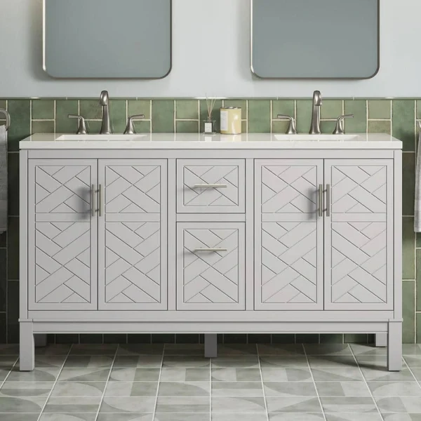 KOHLER Accra 60in. Double Sink Freestanding Atmos Grey Bath Vanity with Bianco Bella Quartz Top Assembled