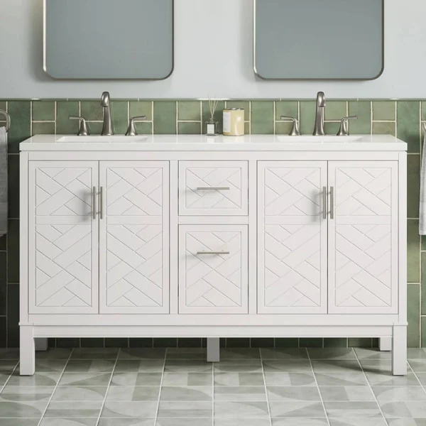 KOHLER Accra 60in. Double Sink Freestanding White Bath Vanity with Pure White Quartz Top Assembled