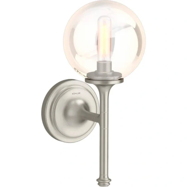 KOHLER Bellera 1 Light Brushed Nickel Indoor Wall Sconce with Globular Glass Shade, UL Listed