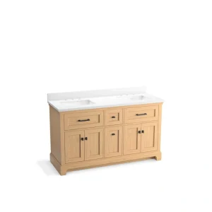 KOHLER Charlemont 60.75in. Double Sink Freestanding Light Oak Bath Vanity with White Quartz Top Assembled