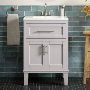 KOHLER Chesil 24in. Single Sink Freestanding Atmos Grey Bath Vanity with Bianco Bella Quartz Top Assembled