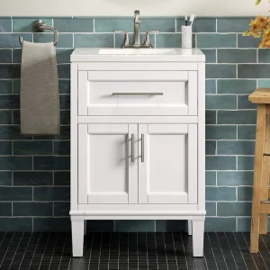 KOHLER Chesil 24in. Single Sink Freestanding White Bath Vanity with Bianco Bella Quartz Top Assembled