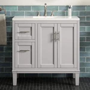 KOHLER Chesil 36in. Single Sink Freestanding Atmos Grey Bath Vanity with Bianco Bella Quartz Top Assembled