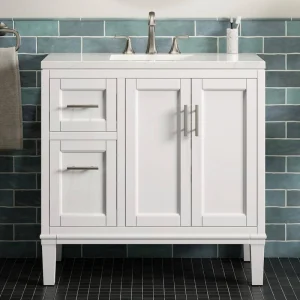 KOHLER Chesil 36in. Single Sink Freestanding White Bath Vanity with Bianco Bella Quartz Top Assembled