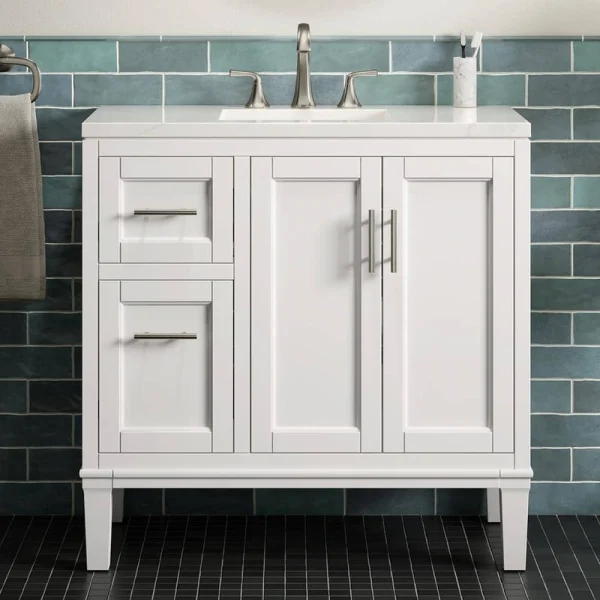 KOHLER Chesil 36in. Single Sink Freestanding White Bath Vanity with Bianco Bella Quartz Top Assembled