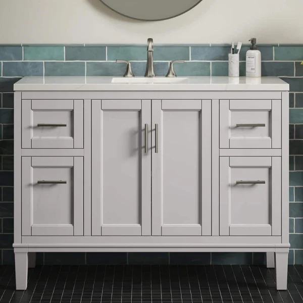 KOHLER Chesil 48in. Single Sink Freestanding Atmos Grey Bath Vanity with Bianco Bella Quartz Top Assembled