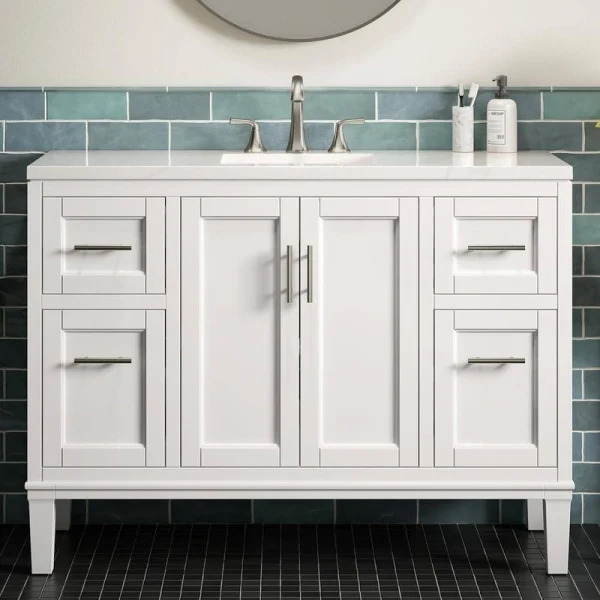KOHLER Chesil 48in. Single Sink Freestanding White Bath Vanity with Bianco Bella Quartz Top Assembled