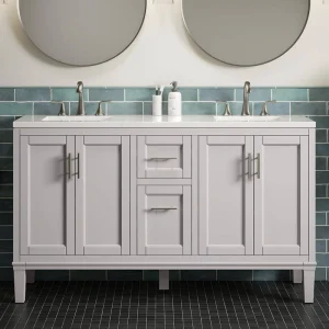 KOHLER Chesil 60in. Double Sink Freestanding Atmos Grey Bath Vanity with Bianco Bella Quartz Top Assembled