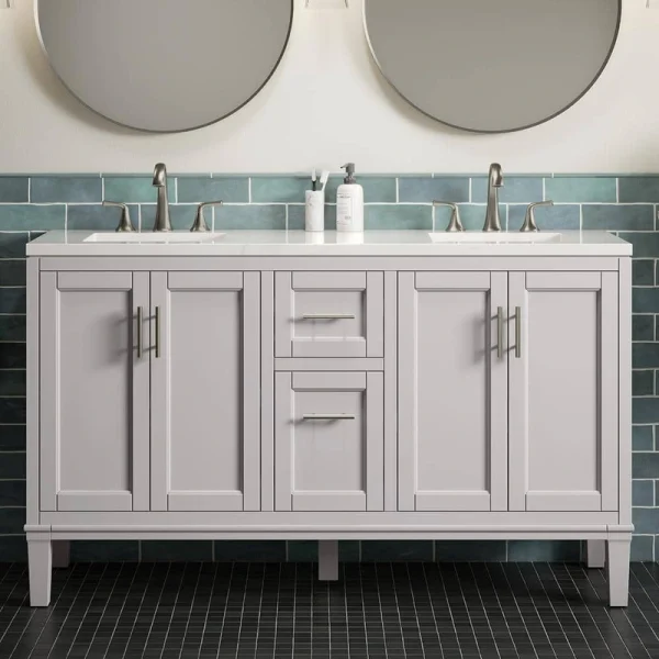 KOHLER Chesil 60in. Double Sink Freestanding Atmos Grey Bath Vanity with Bianco Bella Quartz Top Assembled
