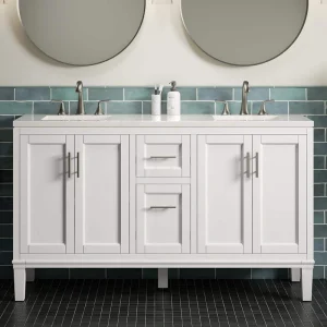 KOHLER Chesil 60in. Double Sink Freestanding White Bath Vanity with Bianco Bella Quartz Top Assembled