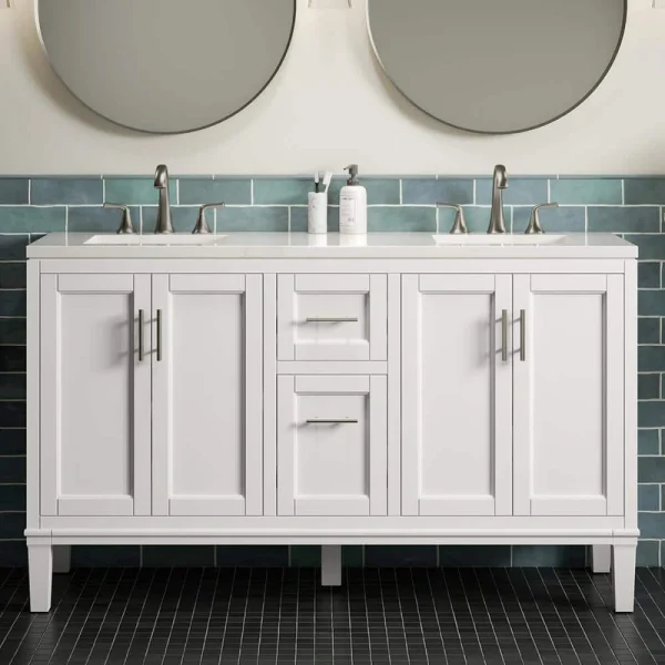 KOHLER Chesil 60in. Double Sink Freestanding White Bath Vanity with Bianco Bella Quartz Top Assembled