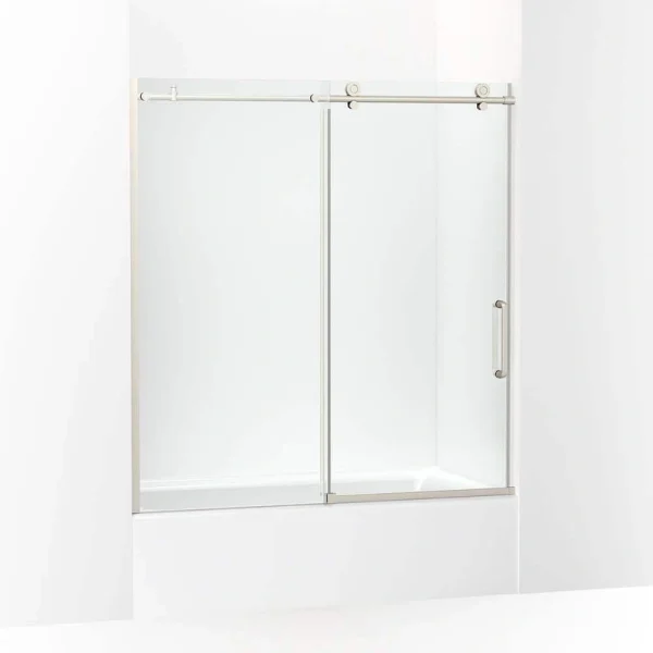 KOHLER Cursiva 56-60 in. W x 62 in. H Sliding Frameless Bath Tub Door in Anodized Brushed Nickel
