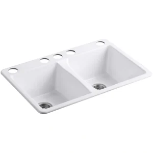 KOHLER Deerfield Undermount Cast Iron 33 in. 5-Hole Double Bowl Kitchen Sink in White