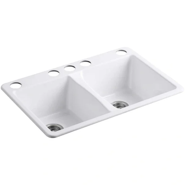 KOHLER Deerfield Undermount Cast Iron 33 in. 5-Hole Double Bowl Kitchen Sink in White
