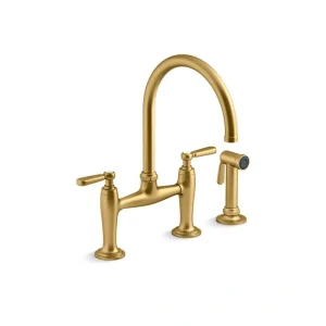 KOHLER Edalyn By Studio McGee Double-Handle 2-Hole Bridge Kitchen Faucet With Side Sprayer in Vibrant Brushed Moderne Brass