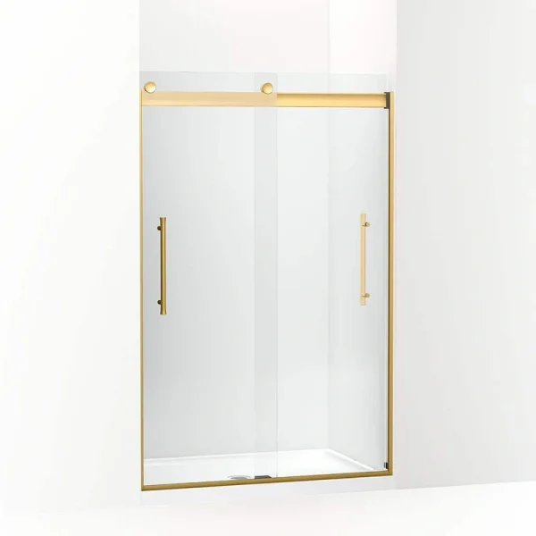 KOHLER Elmbrook 44-48 in. W x 74 in. H Sliding Frameless Shower Door in Vibrant Brushed Moderne Brass with Crystal Clear Glass