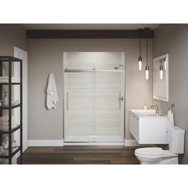 KOHLER Elmbrook 55-60 in. W x 74 in. H Sliding Frameless Shower Door in Anodized Brushed Nickel with Crystal-Clear Glass
