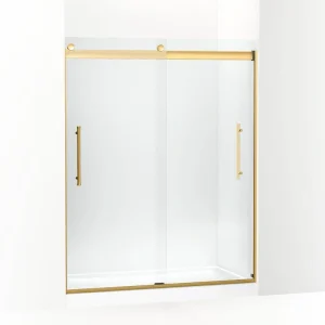KOHLER Elmbrook 55-60 in. W x 74 in. H Sliding Frameless Shower Door in Vibrant Brushed Moderne Brass with Crystal Clear Glass