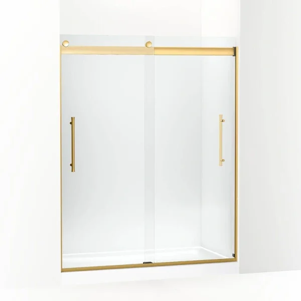 KOHLER Elmbrook 55-60 in. W x 74 in. H Sliding Frameless Shower Door in Vibrant Brushed Moderne Brass with Crystal Clear Glass