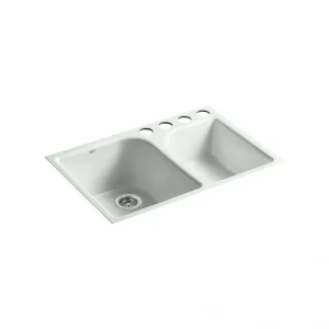 KOHLER Executive Chef Undermount Cast-Iron 33 in. 4-Hole Double Bowl Kitchen Sink in Sea Salt