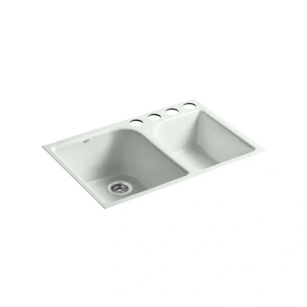 KOHLER Executive Chef Undermount Cast-Iron 33 in. 4-Hole Double Bowl Kitchen Sink in Sea Salt