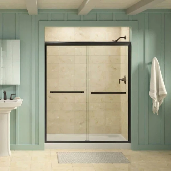 KOHLER Gradient 59-5/8 in. x 70-1/16 in. Semi-Frameless Sliding Shower Door in Anodized Dark Bronze with Crystal Clear Glass