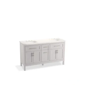 KOHLER Hadron 60.75in. Double Sink Freestanding Atmos Grey Bath Vanity with White Quartz Top Assembled
