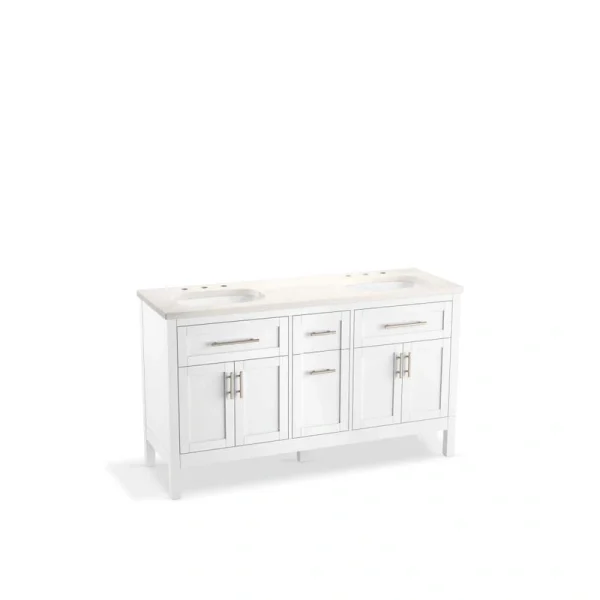 KOHLER Hadron 60.75in. Double Sink Freestanding White Bath Vanity with White Quartz Top Assembled