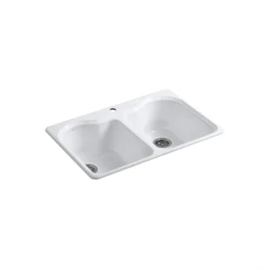 KOHLER Hartland Cast Iron 33 in. 1-Hole Double Bowl Drop-In Kitchen Sink in White