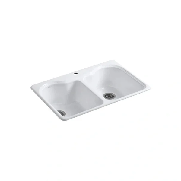 KOHLER Hartland Cast Iron 33 in. 1-Hole Double Bowl Drop-In Kitchen Sink in White